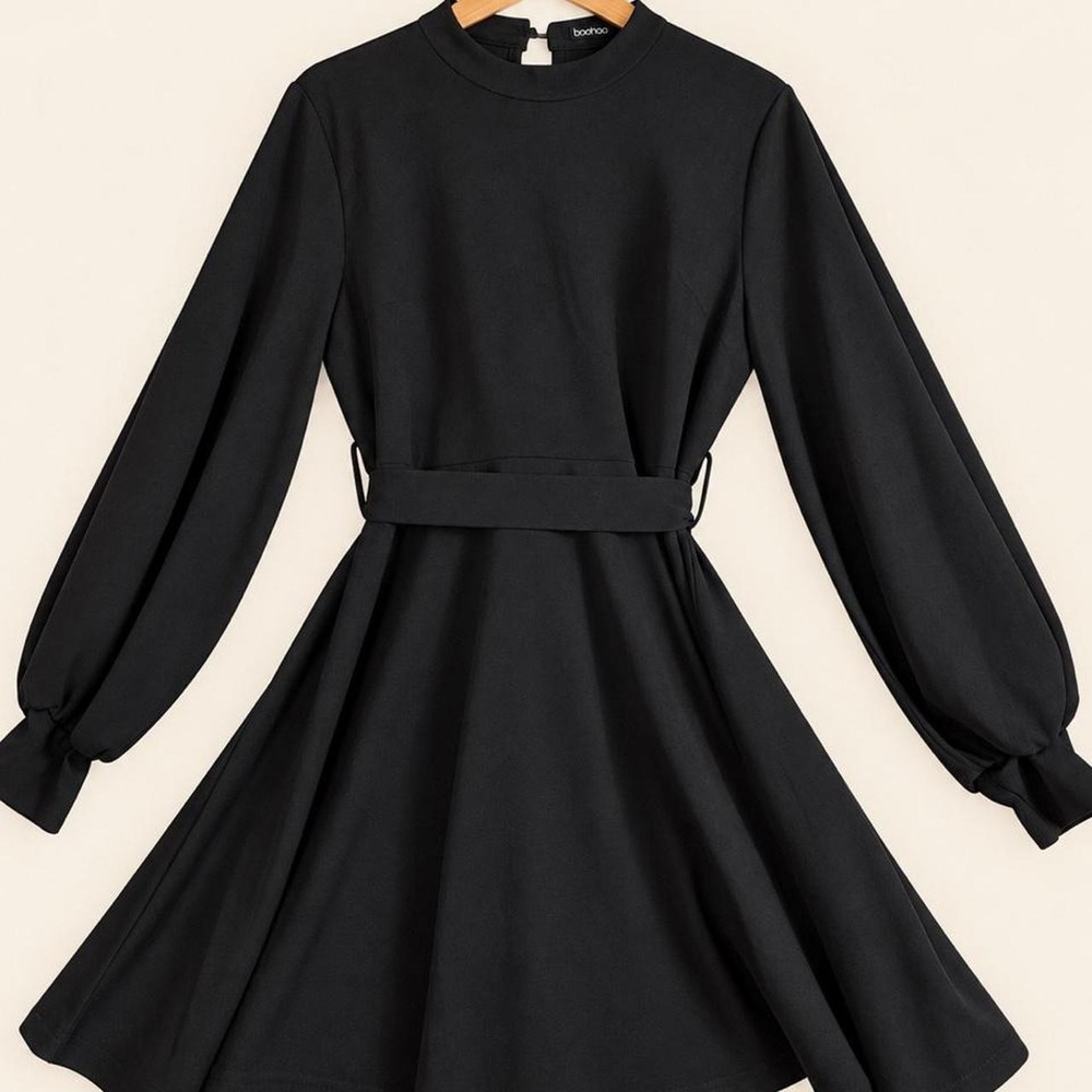 Boohoo Black Long Sleeve Belted Mini Dress Mock Neck Skater Size 12